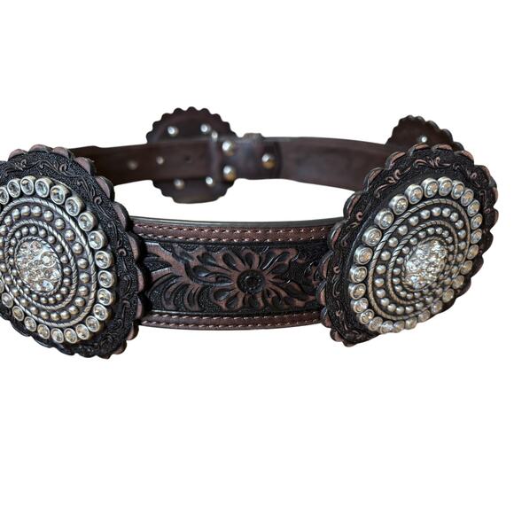 Nacoma Black Ladies Western Belt Medium Rhinestone Medallions Tooled Leather